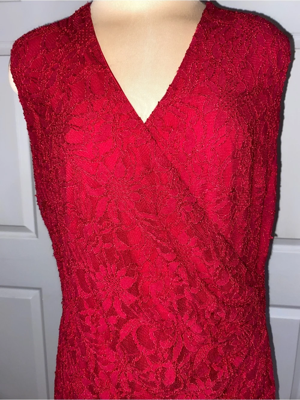 Ralph Lauren Red Lace V‑Neck Sleeveless Sheath Dress, Size 16, Holiday
